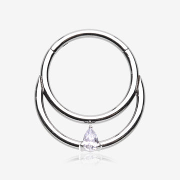Classic Double Loop Teardop Sparkle Clicker Hoop Ring-Clear Gem